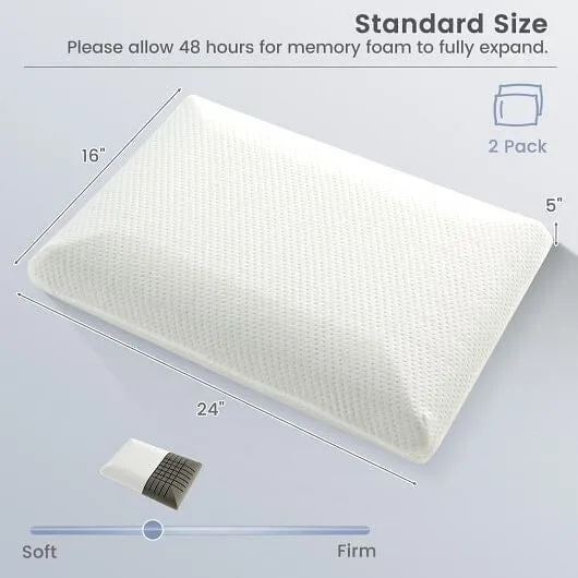 2 Pieces Bamboo Charcoal Memory Foam Pillow for Pain Relief Sleeping - Color: Wh