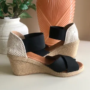 Andre Assous Espadrille Wedge Sandal Black Stretch Straps Leather Spain Size 7