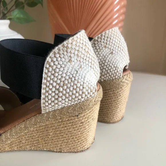 Andre Assous Espadrille Wedge Sandal Black Stretch Straps Leather Spain Size 7