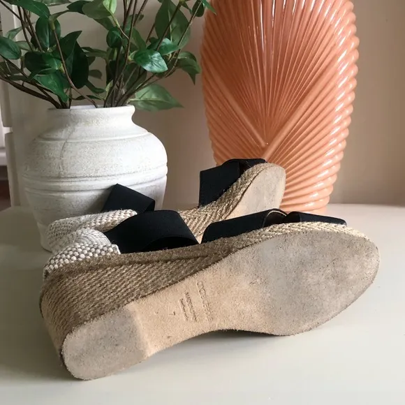 Andre Assous Espadrille Wedge Sandal Black Stretch Straps Leather Spain Size 7