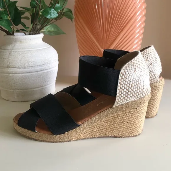 Andre Assous Espadrille Wedge Sandal Black Stretch Straps Leather Spain Size 7