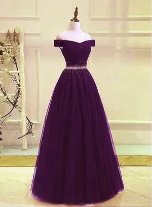 Beautiful Dark Purple Beaded Tulle Prom Gown, Off Shoulder Prom Dress