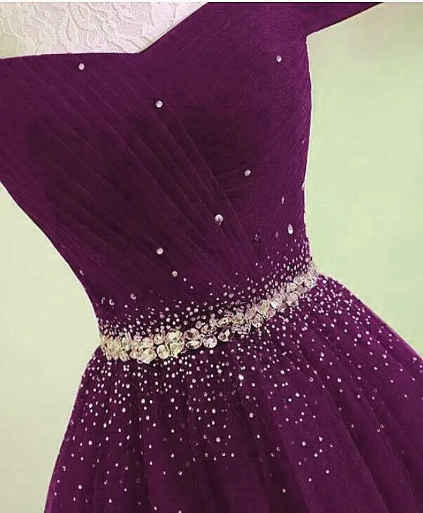 Beautiful Dark Purple Beaded Tulle Prom Gown, Off Shoulder Prom Dress
