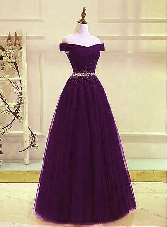 Beautiful Dark Purple Beaded Tulle Prom Gown, Off Shoulder Prom Dress