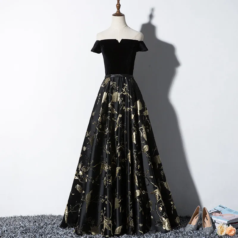 Black Off Shoulder Velvet and Floral Long Party Dress, Prom Dress