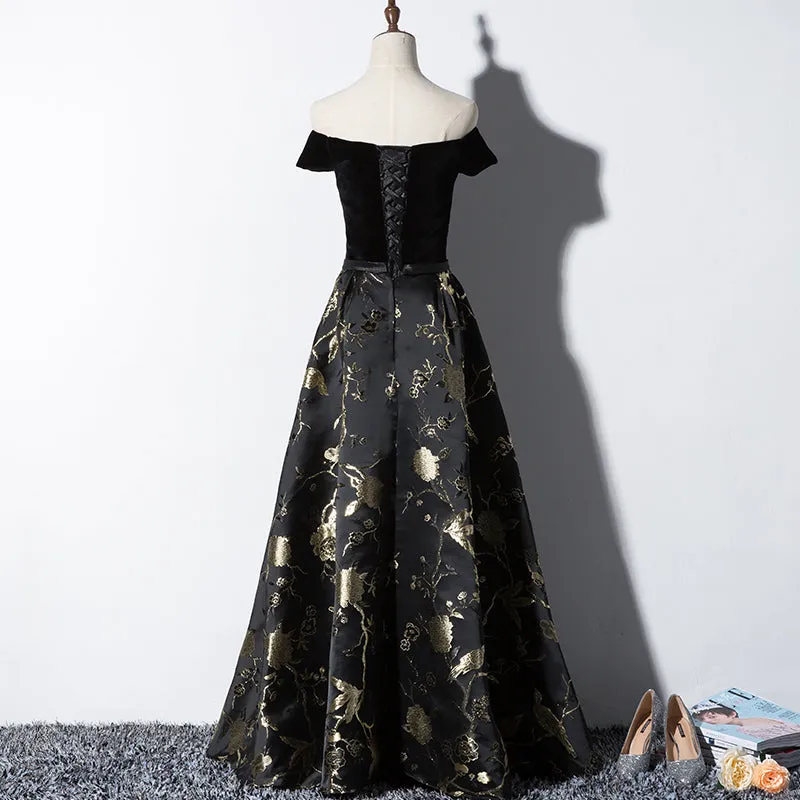Black Off Shoulder Velvet and Floral Long Party Dress, Prom Dress