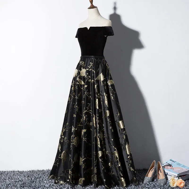 Black Off Shoulder Velvet and Floral Long Party Dress, Prom Dress