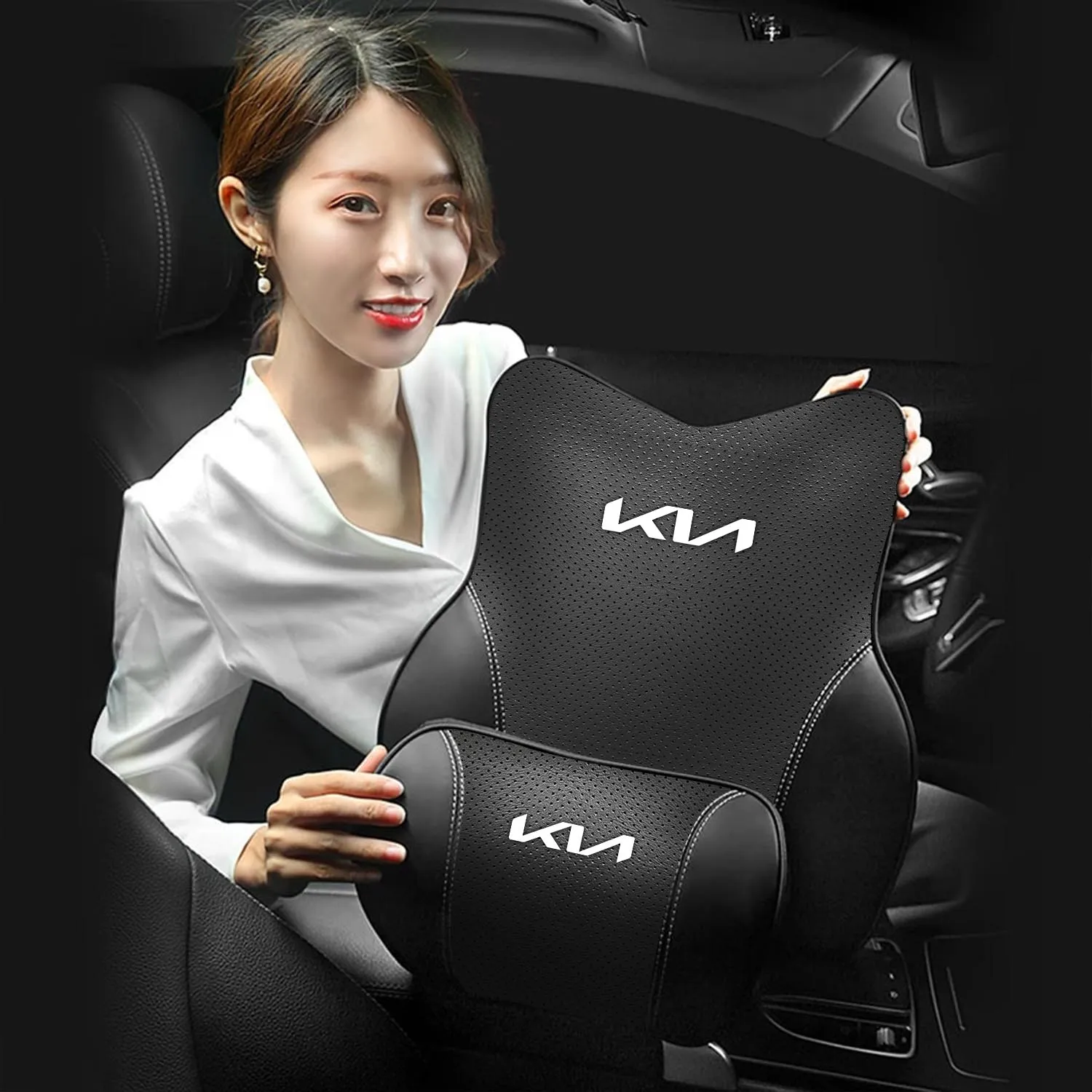 Car Headrest Neck Pillow and Lumbar Support Back Cushion Kit, Custom Fit For Your Cars, Memory Foam Erognomic, Car Accessories UE13992