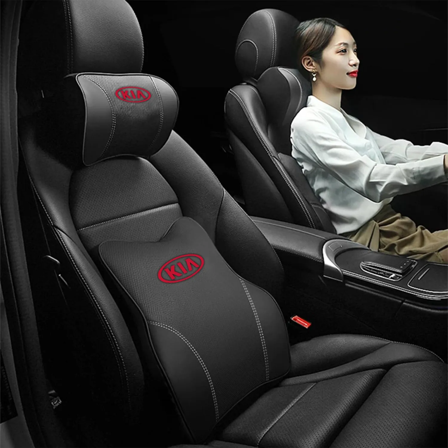 Car Headrest Neck Pillow and Lumbar Support Back Cushion Kit, Custom Fit For Your Cars, Memory Foam Erognomic, Car Accessories UE13992