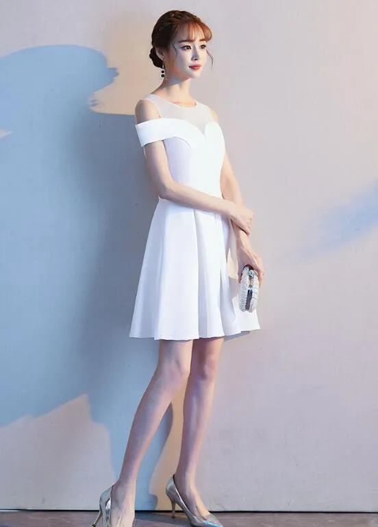 Cute White Off the Shoulder Knee Length Party Dress, Wedding Party Dress