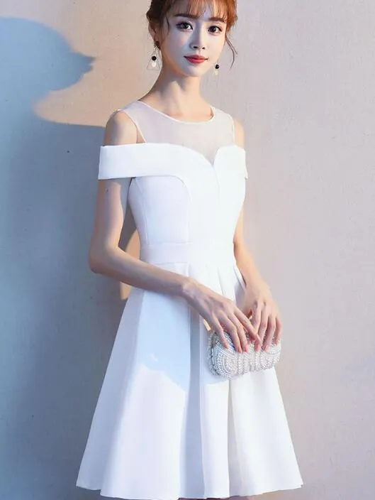 Cute White Off the Shoulder Knee Length Party Dress, Wedding Party Dress