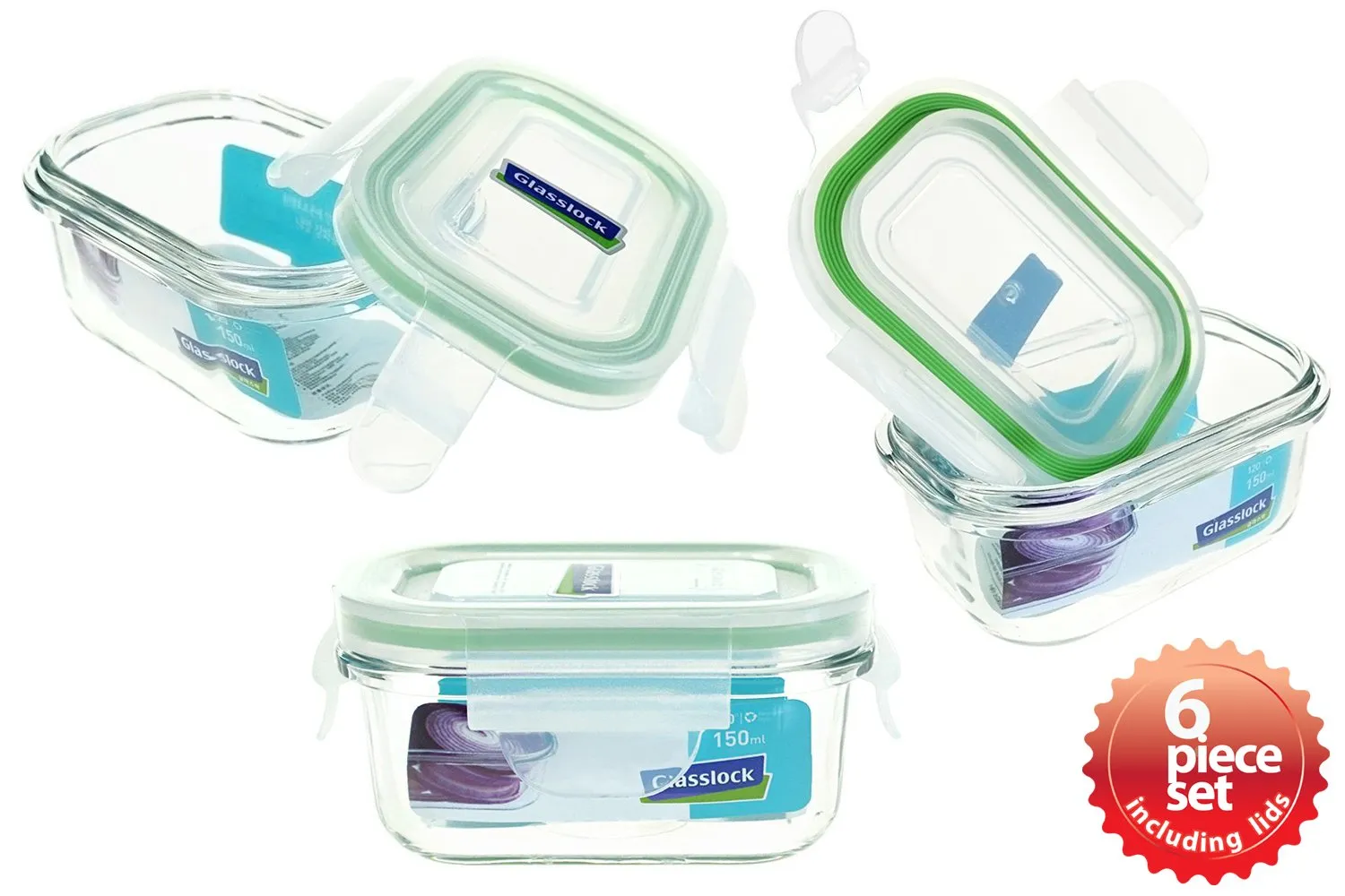 Glasslock Food-Storage Container with Locking Lids Microwave Safe 6pcs Set Rectangular 5oz