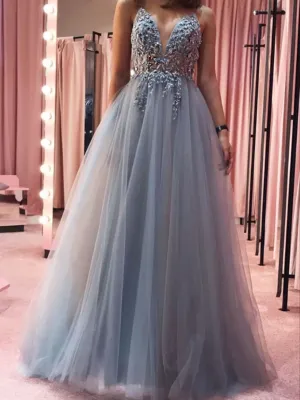 Gray V Neck Tulle Lace Long Prom Dress ,Gray V Neck Tulle Lace Long Formal Dress