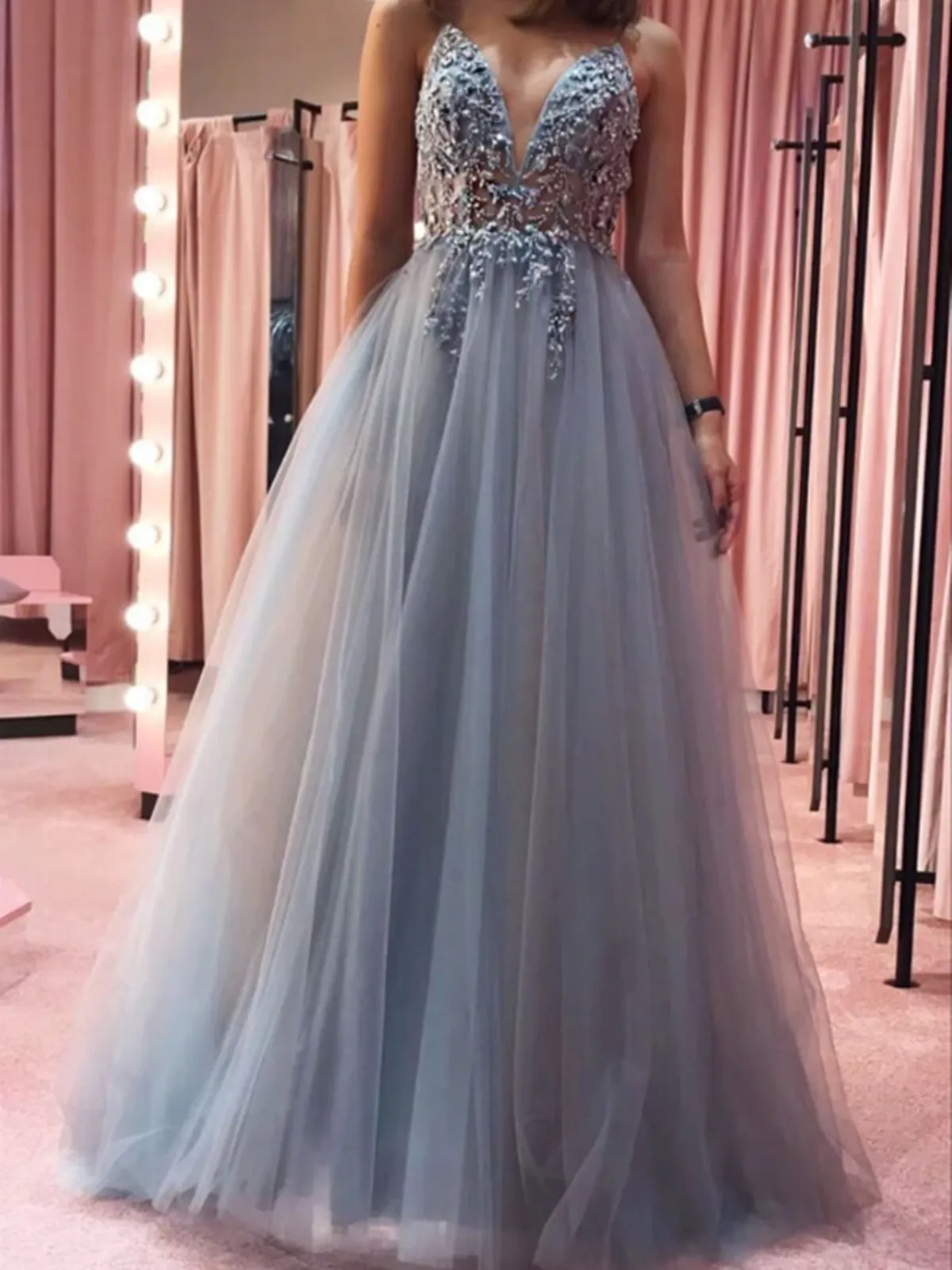 Gray V Neck Tulle Lace Long Prom Dress ,Gray V Neck Tulle Lace Long Formal Dress