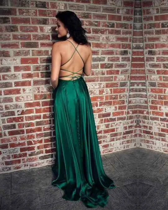 Green A Line Scoop Neck Split Front Prom Dresses, Pockets Formal Dresses