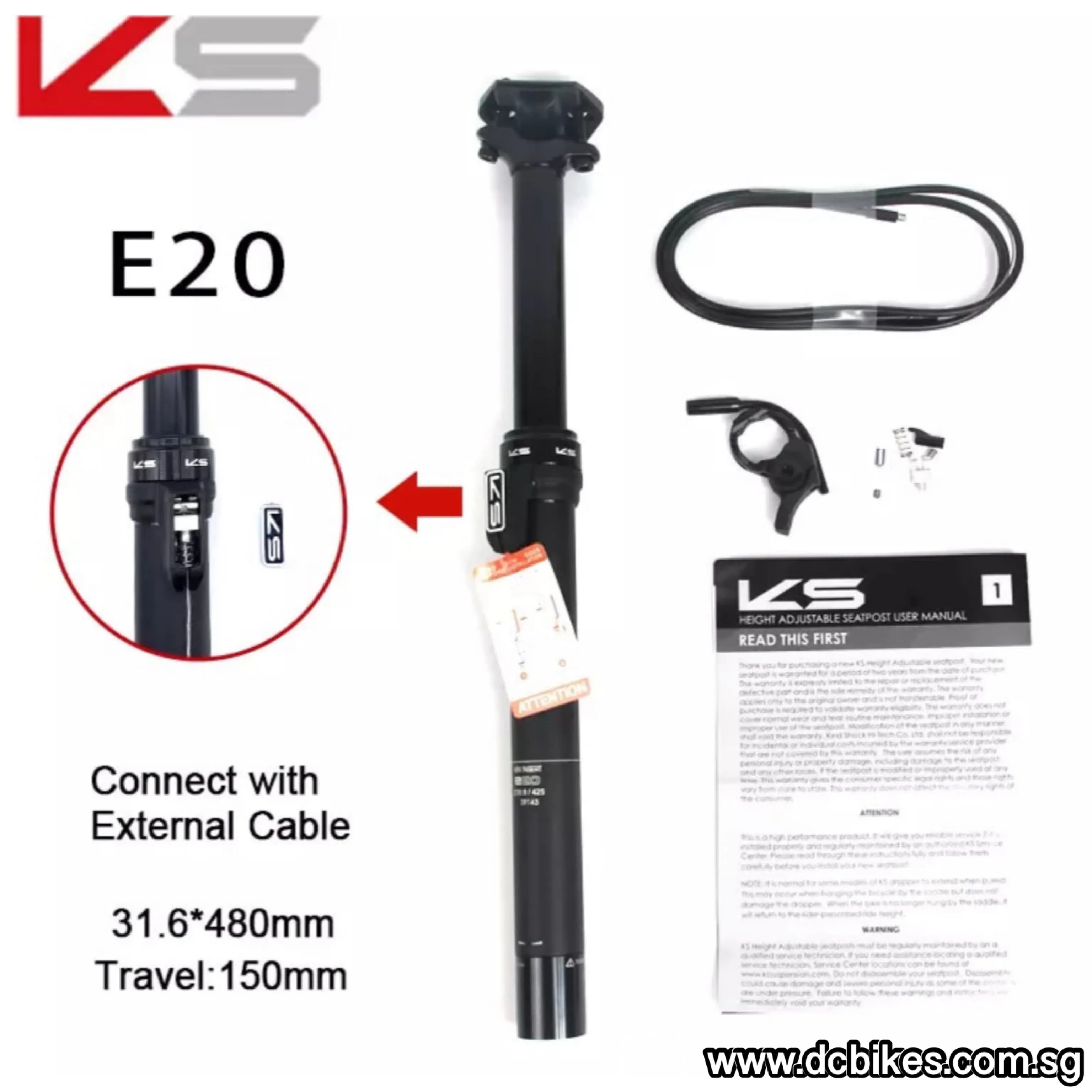 KS | Kind Shock 30.9mm | 31.6mm External Routing 125mm | 150mm Dropper Post   E20 Bar Remote Lever