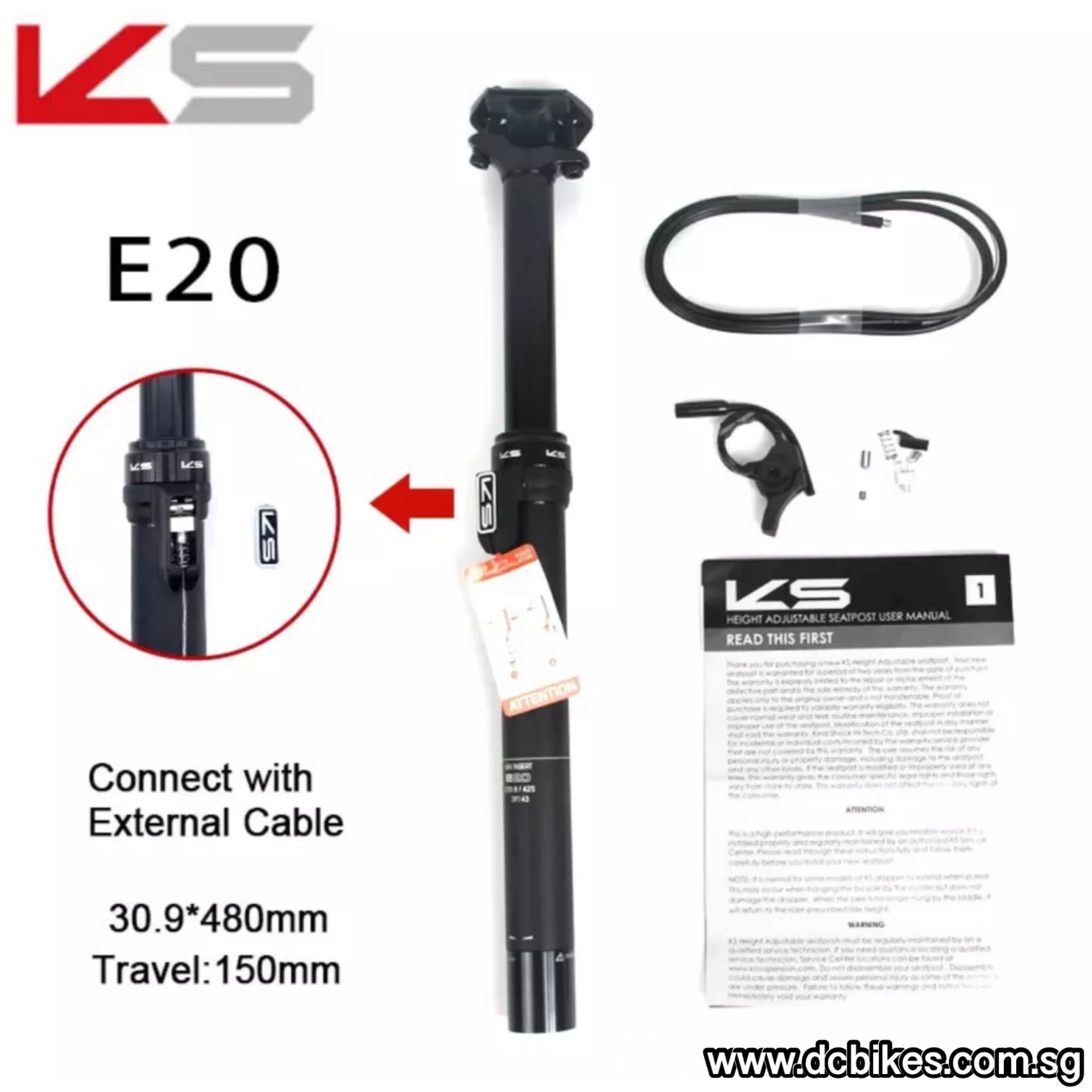 KS | Kind Shock 30.9mm | 31.6mm External Routing 125mm | 150mm Dropper Post   E20 Bar Remote Lever