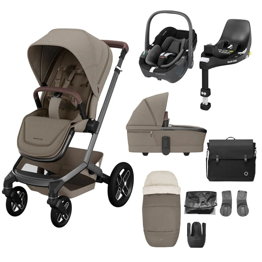 MAXI COSI FAME 9 Piece Travel System with Pebble 360 Pro2 Car Seat and FamilyFix 360 Pro ISOFIX Car Seat Base - Twillic Truffle (Black Wheels)