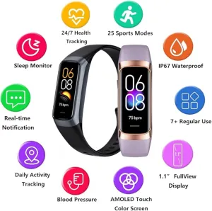 New Fitness Tracker, 10''AMOLED Touch Color Screen Smart Watch with 24/7 Heart Rate, Workout Intensity, Sleep Tracking, Step Counter and More, Pedometer Activity Trackers for Women Men Kids (Black)