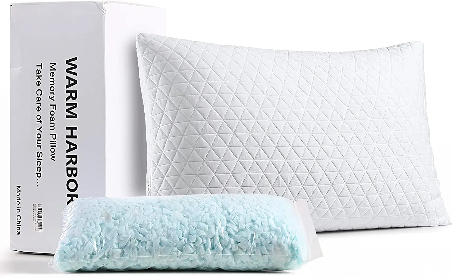 New no box! Comes in plastic packaging! WARM HARBOR Adjustable Pure Cotton Fabric Hotel Quality Shredded Memory Foam Bed Pillow for Side and Back Sleepers   Bamboo Breathable Cooling Cover-King Size(20 x 36 inch)