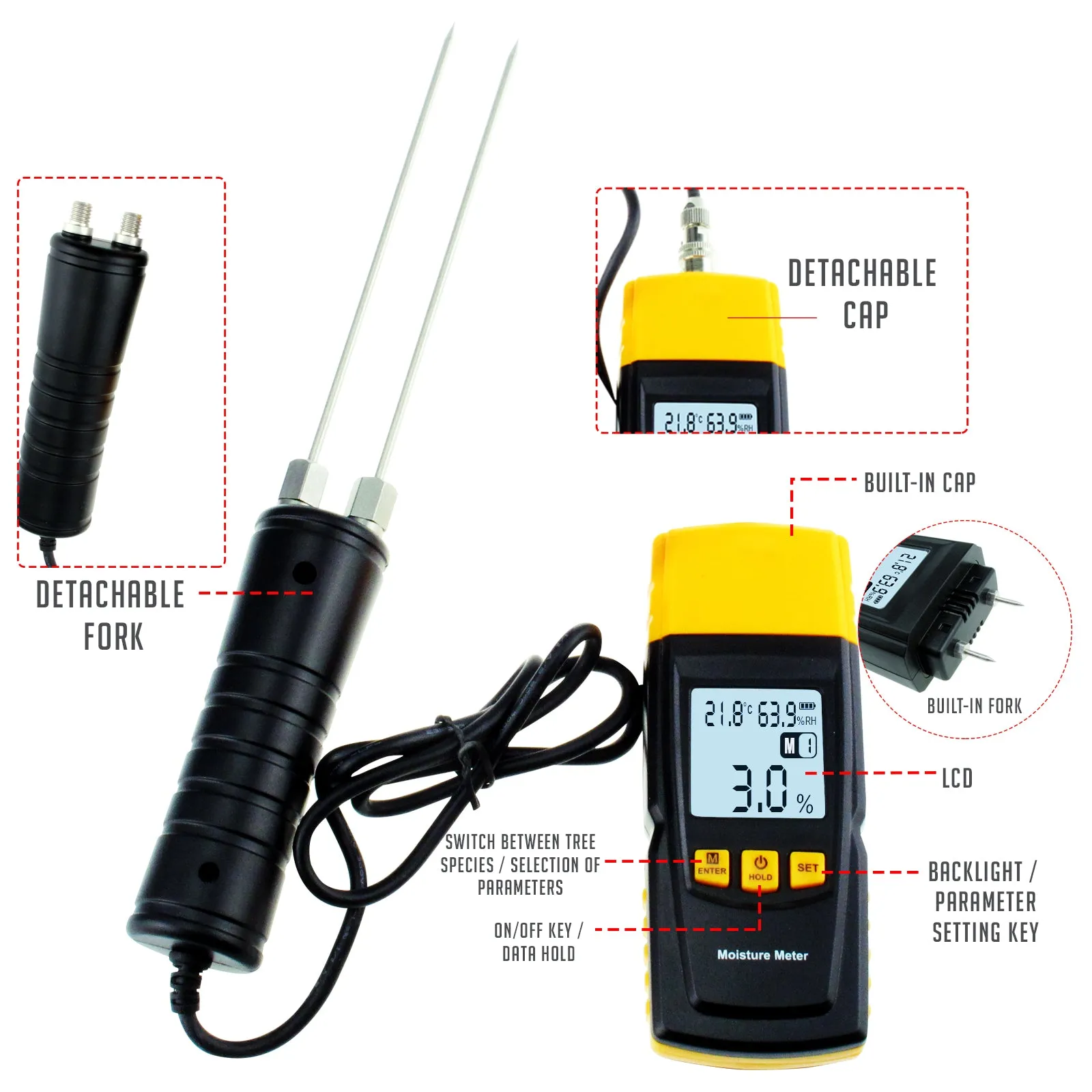 PD_34 Kibeland Instrument Wood Moisture Meter, LCD Display, Built-in Thermometer with Testing Probe, Measuring Range 2~70%, 4 Tree Species