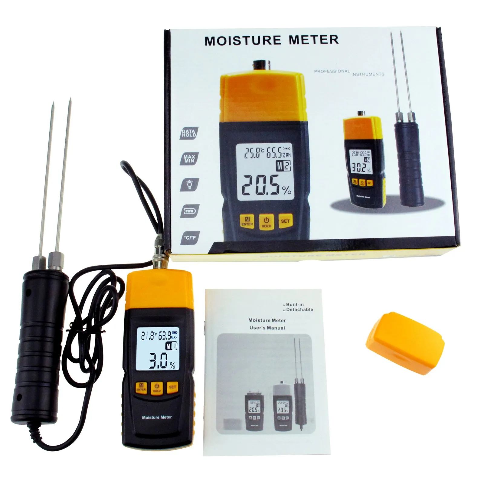 PD_34 Kibeland Instrument Wood Moisture Meter, LCD Display, Built-in Thermometer with Testing Probe, Measuring Range 2~70%, 4 Tree Species