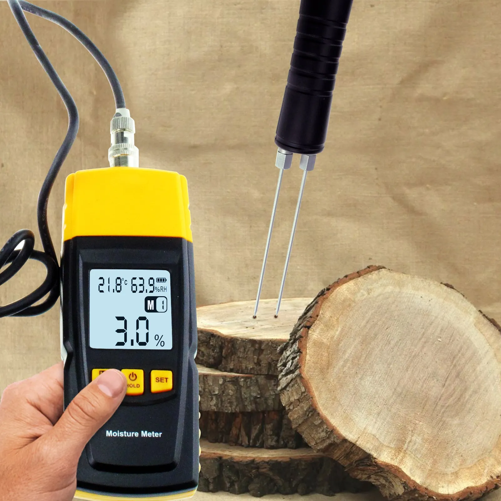 PD_34 Kibeland Instrument Wood Moisture Meter, LCD Display, Built-in Thermometer with Testing Probe, Measuring Range 2~70%, 4 Tree Species