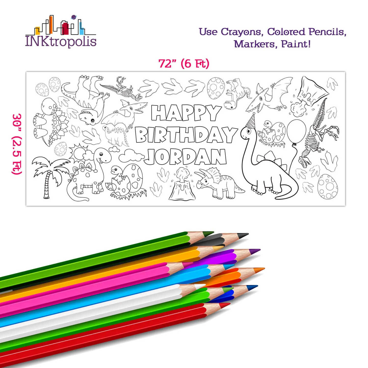 Personalized Dinosaur Birthday Coloring Banner, Poster, Paper Table Cover
