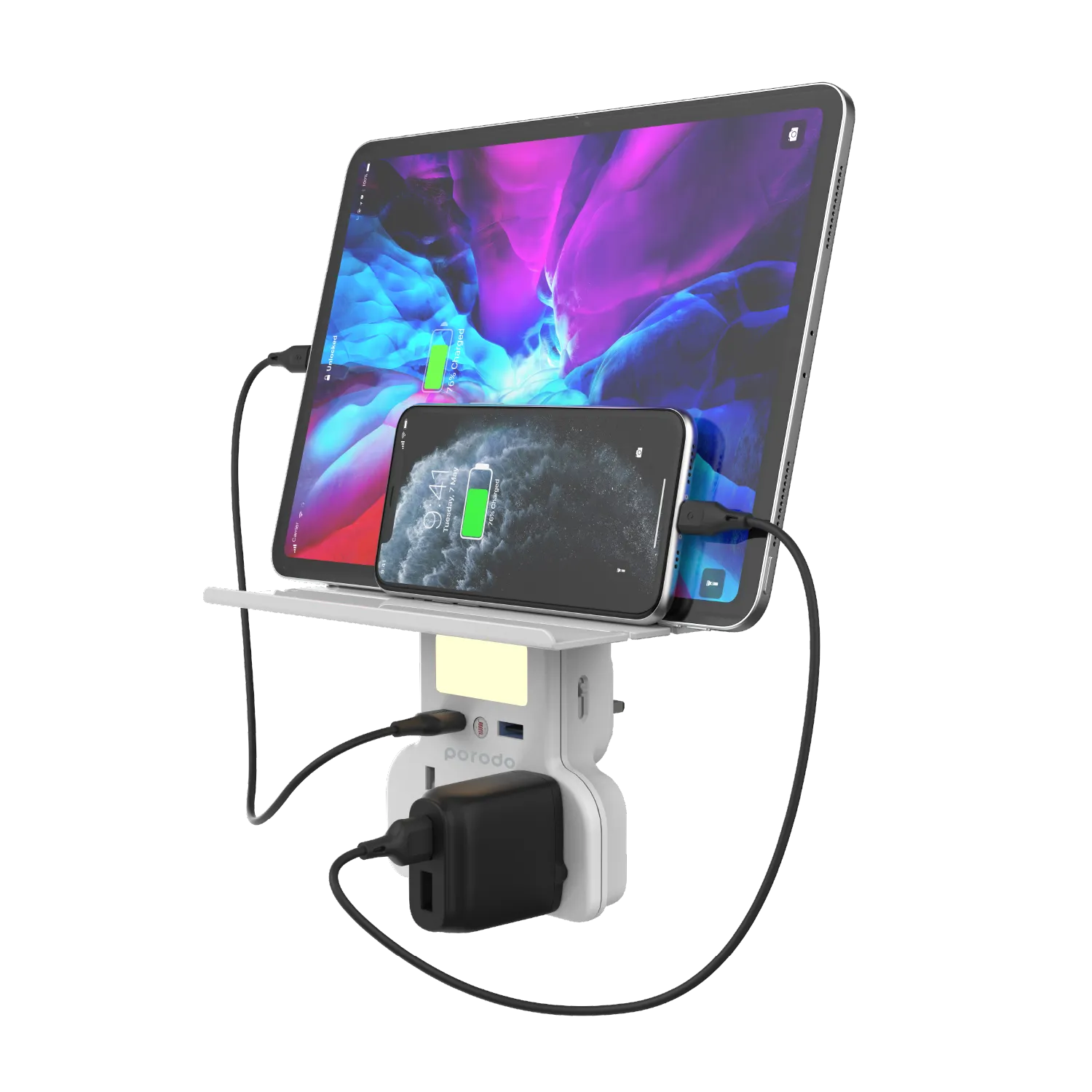 Porodo - Multi-Function Socket & Night Light Intelligent Light Sensor - Tablet & Phone Tray