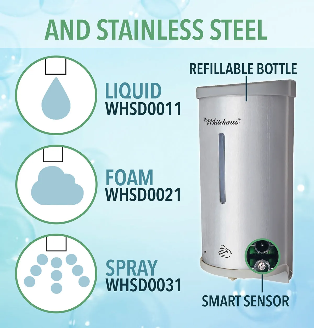 Soaphaus Stainless Steel Hands-free multi-function soap dispenser with sensor technology.