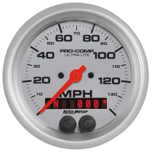 Speedometer - Ultra-Lite - 140 MPH - Electric - Analog - 3-3/8 in Diameter - GPS Tracking - Silver Face - Each
