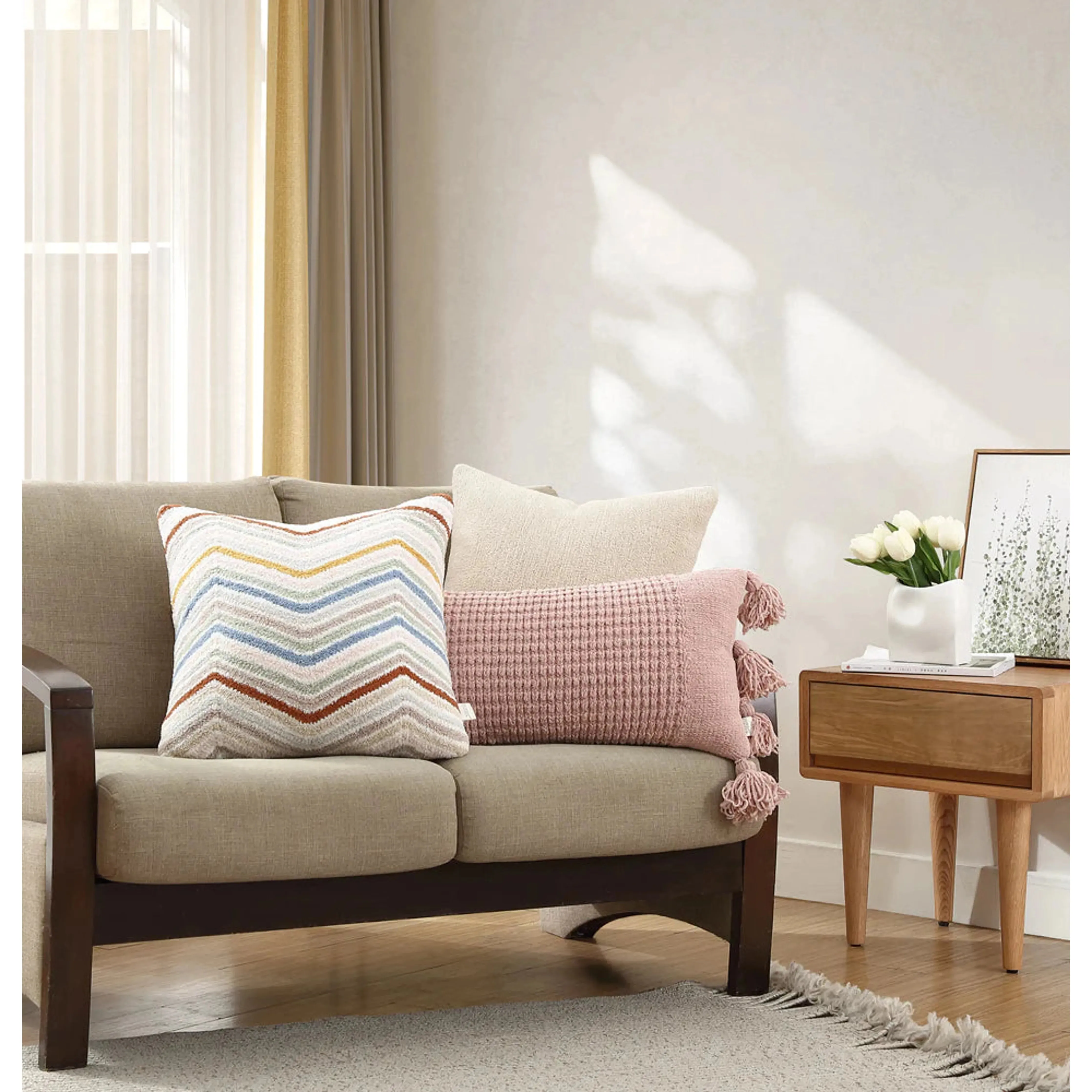 Sunday Citizen Rusty Rose Braided Pom Pom Lumbar Pillow 36 x 14