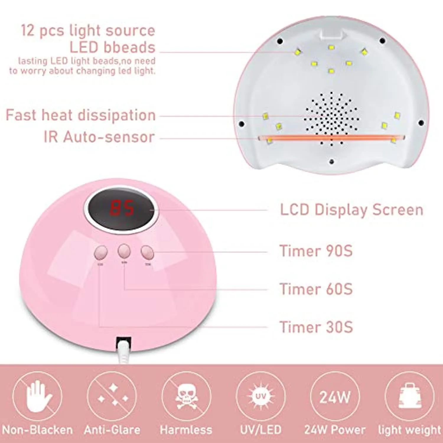UV LED Nail Lamp,24W Gel Nail Lamp with 3 Timer Setting,Golspark Nail Dryer Professional Nail Art Tools with Automatic Sensor, LCD Display USB Nail Lamp for Fingernail and Toenail Curing(Pink)