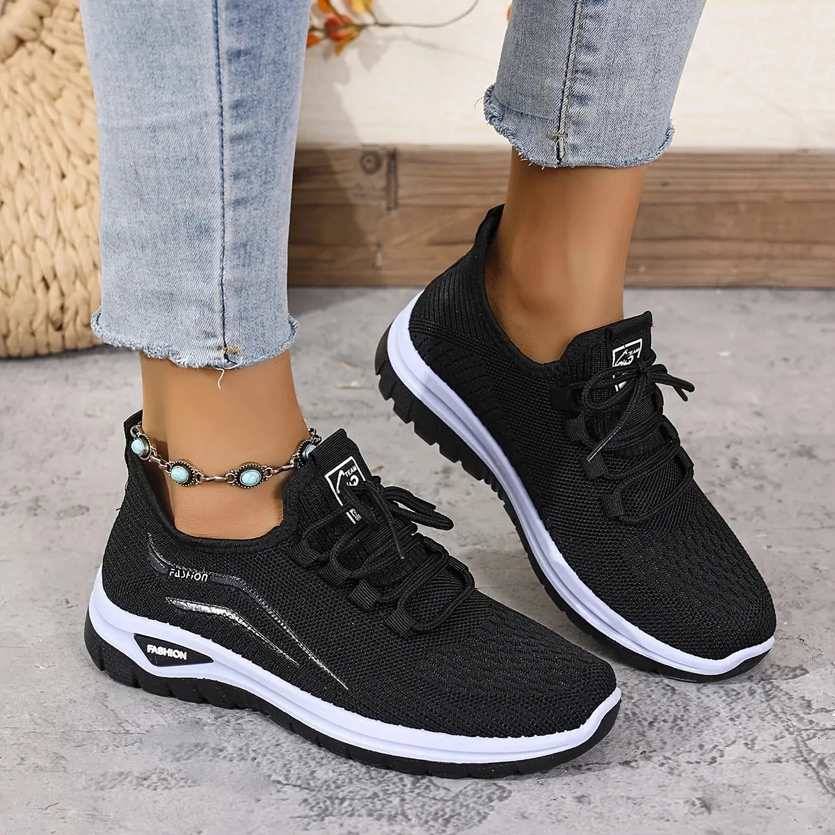 Women's Knit Trainers - All-Season Lace-Up Walking Shoes