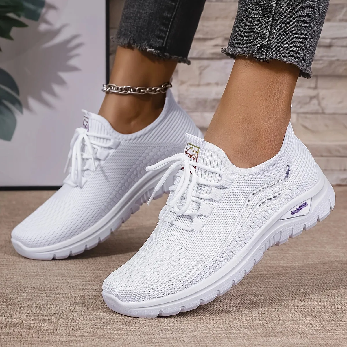 Women's Knit Trainers - All-Season Lace-Up Walking Shoes
